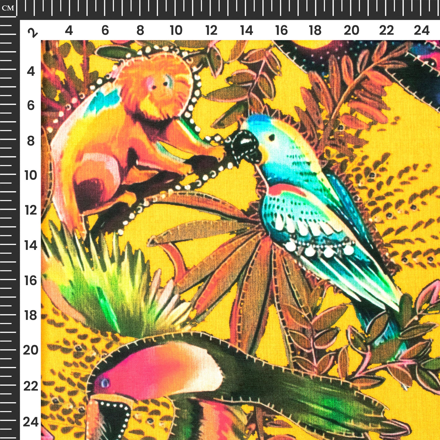 Attractive Yellow Jungle Animals Digital Print Viscose Muslin Fabric