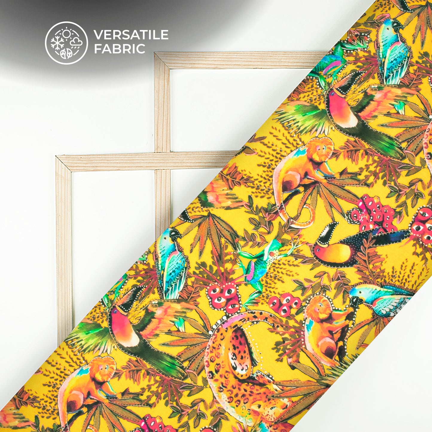 Attractive Yellow Jungle Animals Digital Print Viscose Muslin Fabric