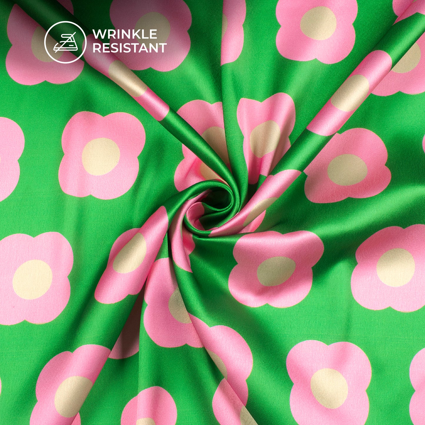 Pink And Green Retro Floral Digital Print Japan Satin Fabric