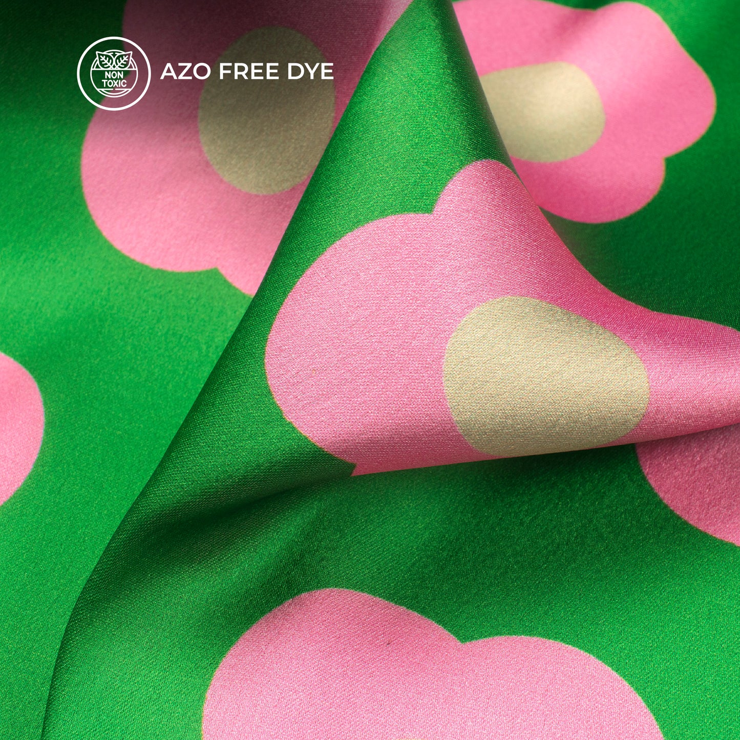 Pink And Green Retro Floral Digital Print Japan Satin Fabric