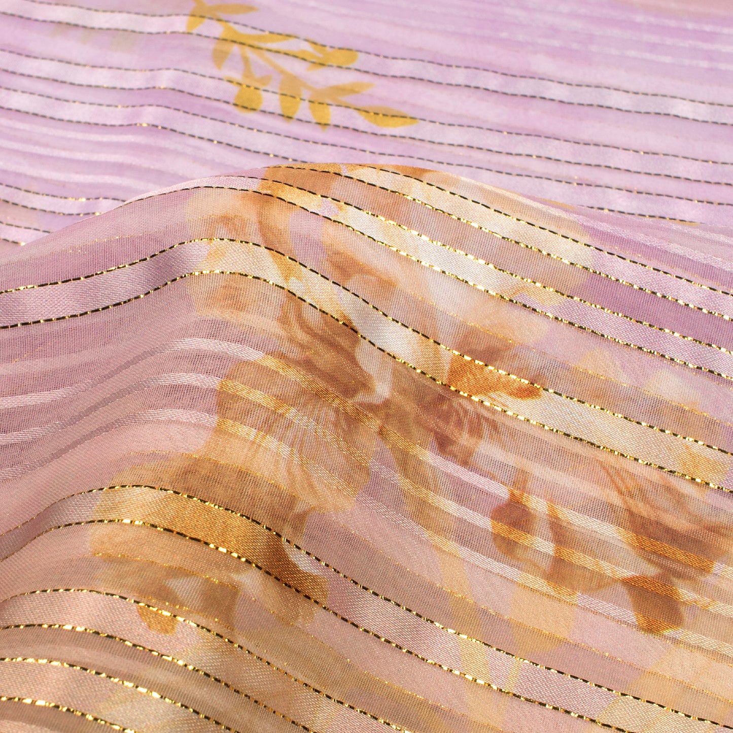 Romentic Floral Digital Print Golden Lurex Georgette Fabric