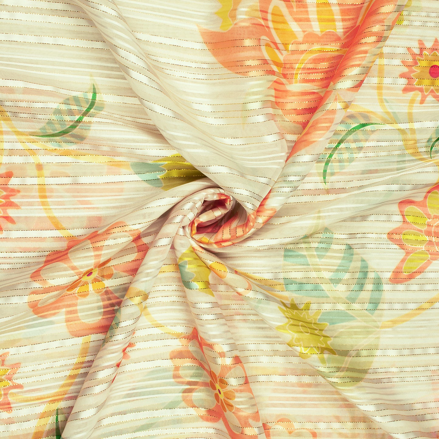 Trendy Floral And Leaf Digital Print Golden Lurex Georgette Fabric