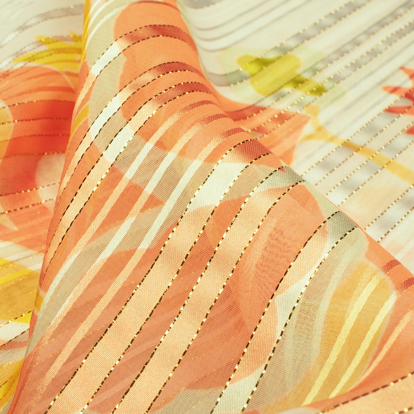 Trendy Floral And Leaf Digital Print Golden Lurex Georgette Fabric