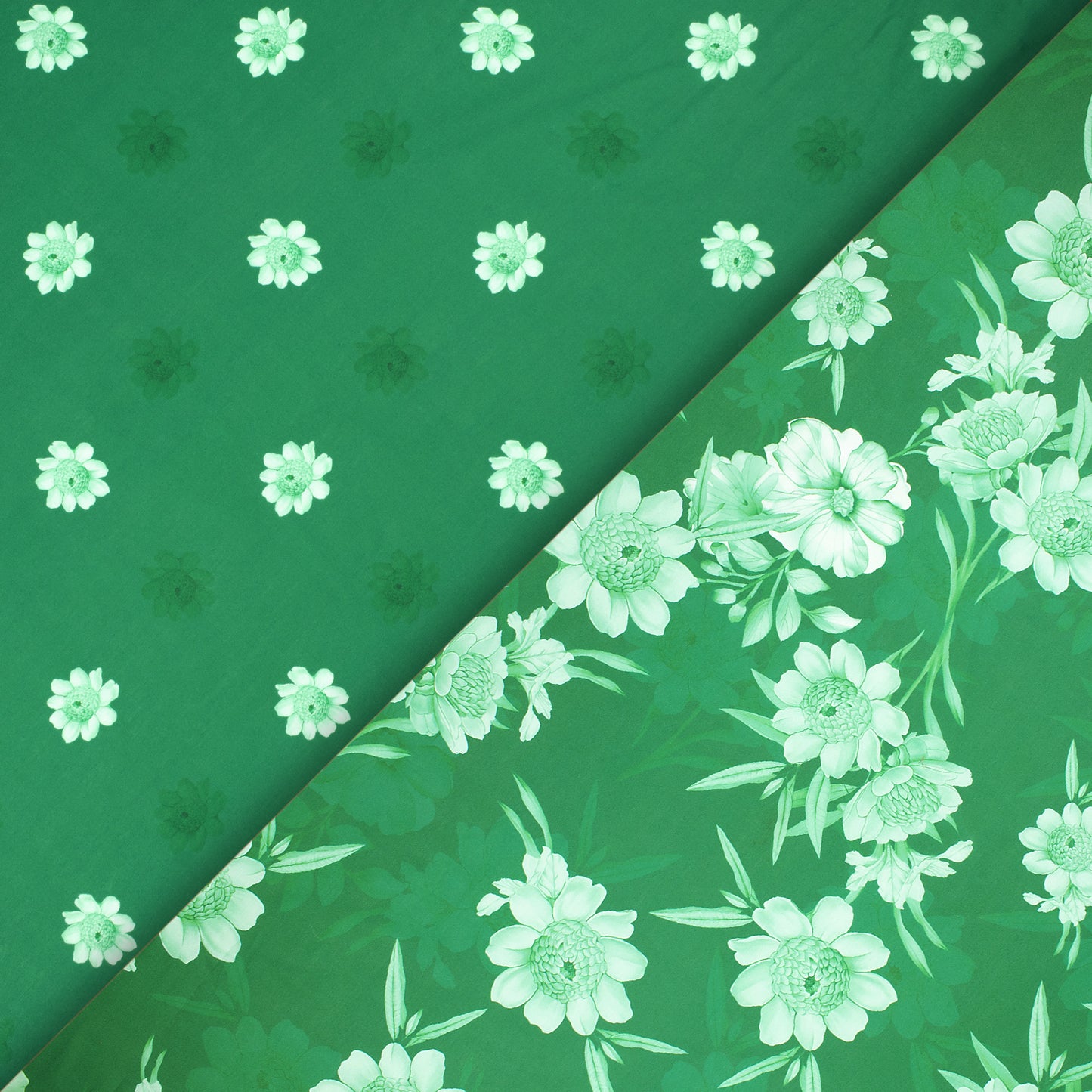 Green And White Floral Digital Print Muslin Fabric