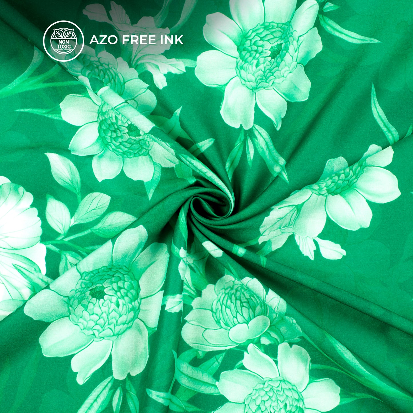 Green And White Floral Digital Print Muslin Fabric
