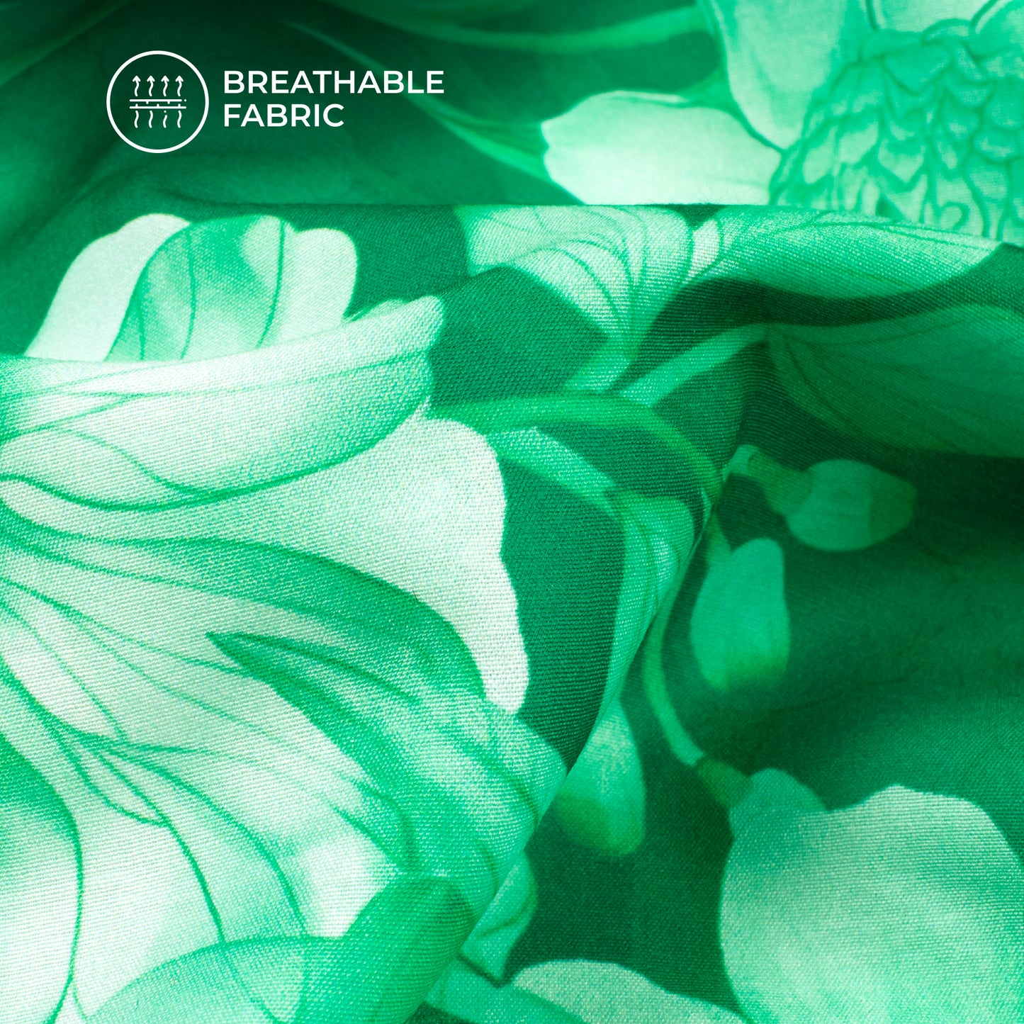 Green And White Floral Digital Print Muslin Fabric