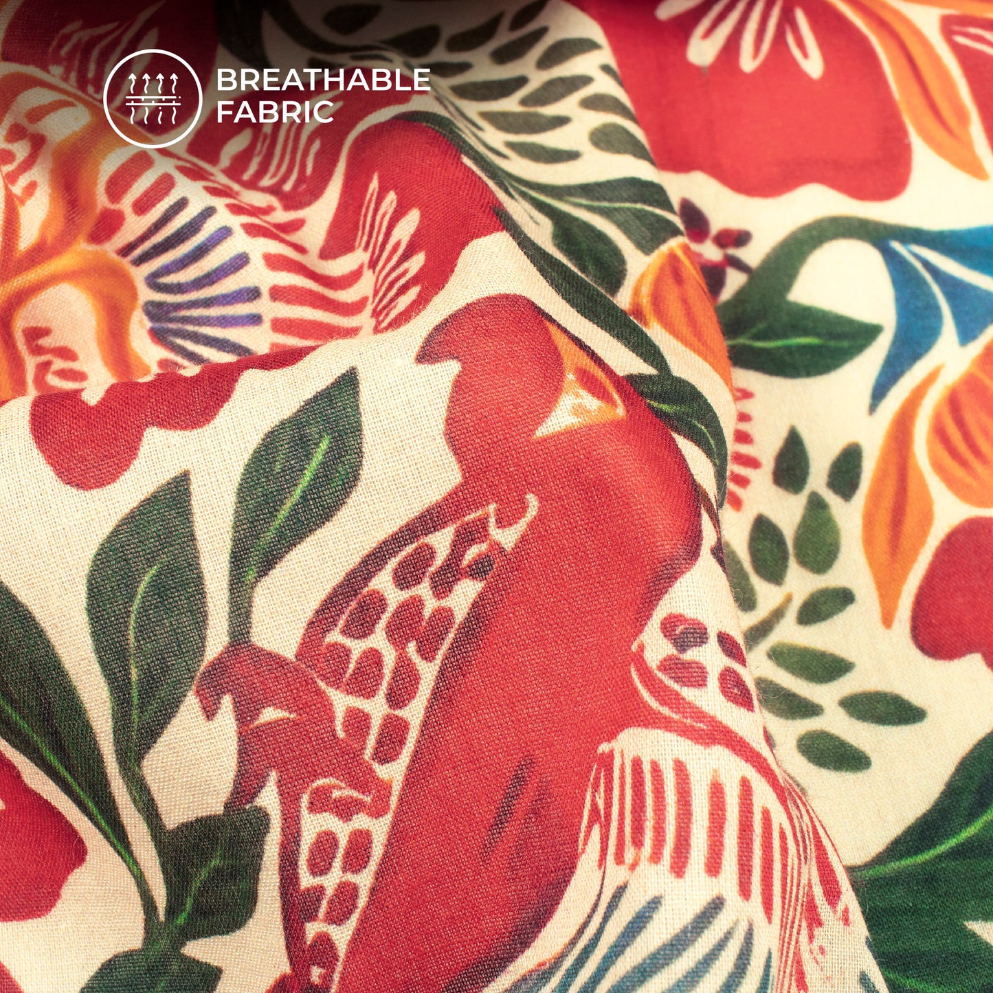 Seamless Birtd And Floral Digital Print Pure Cotton Mulmul Fabric