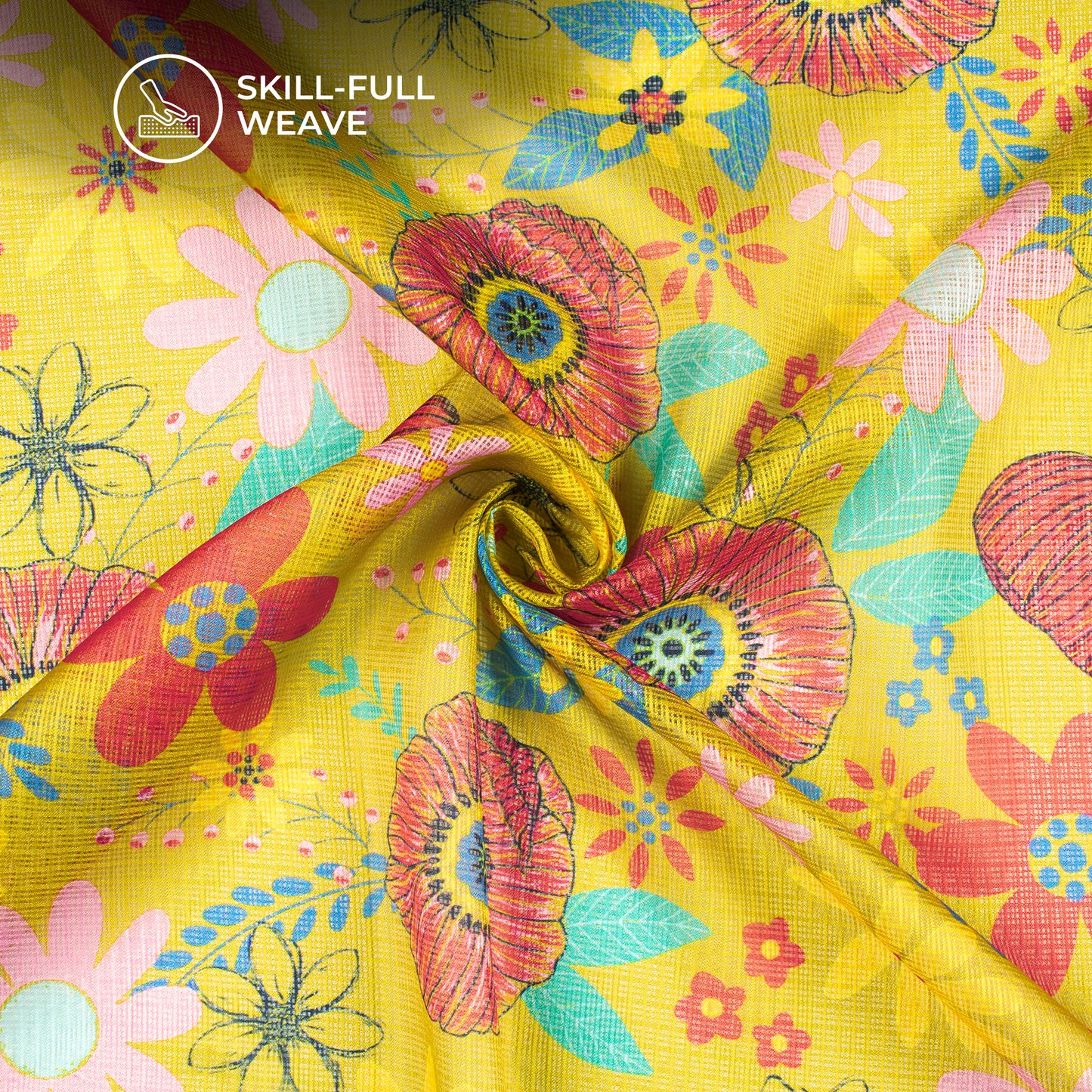 Canary Yellow Floral Digital Print Kota Doria Fabric