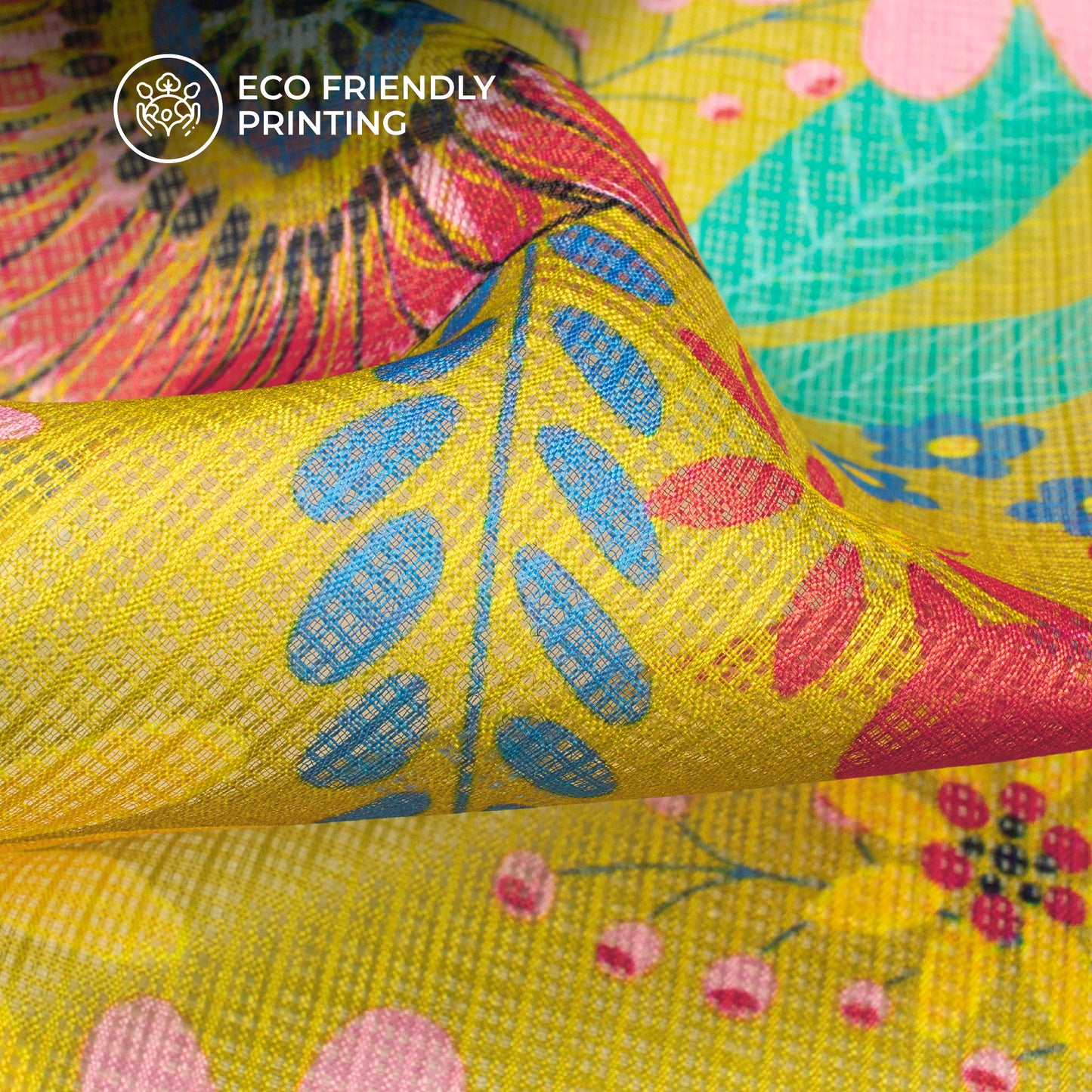 Canary Yellow Floral Digital Print Kota Doria Fabric