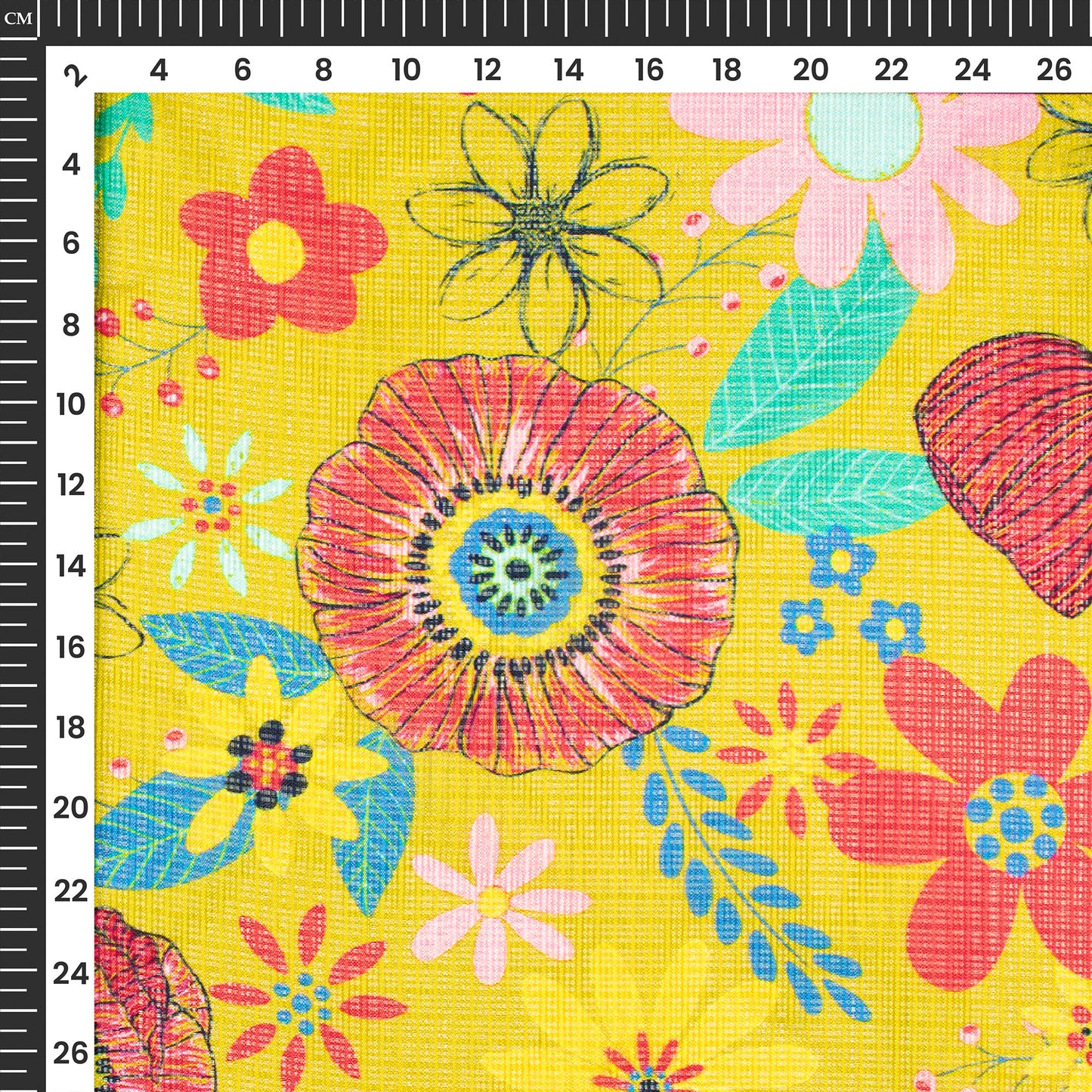 Canary Yellow Floral Digital Print Kota Doria Fabric