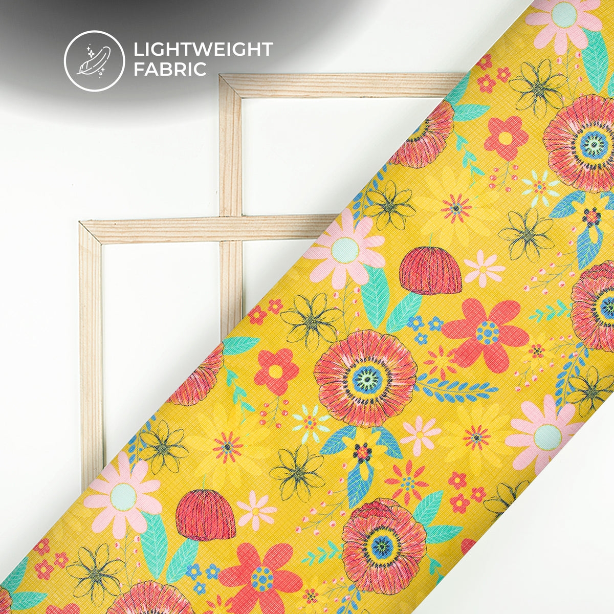 Canary Yellow Floral Digital Print Kota Doria Fabric