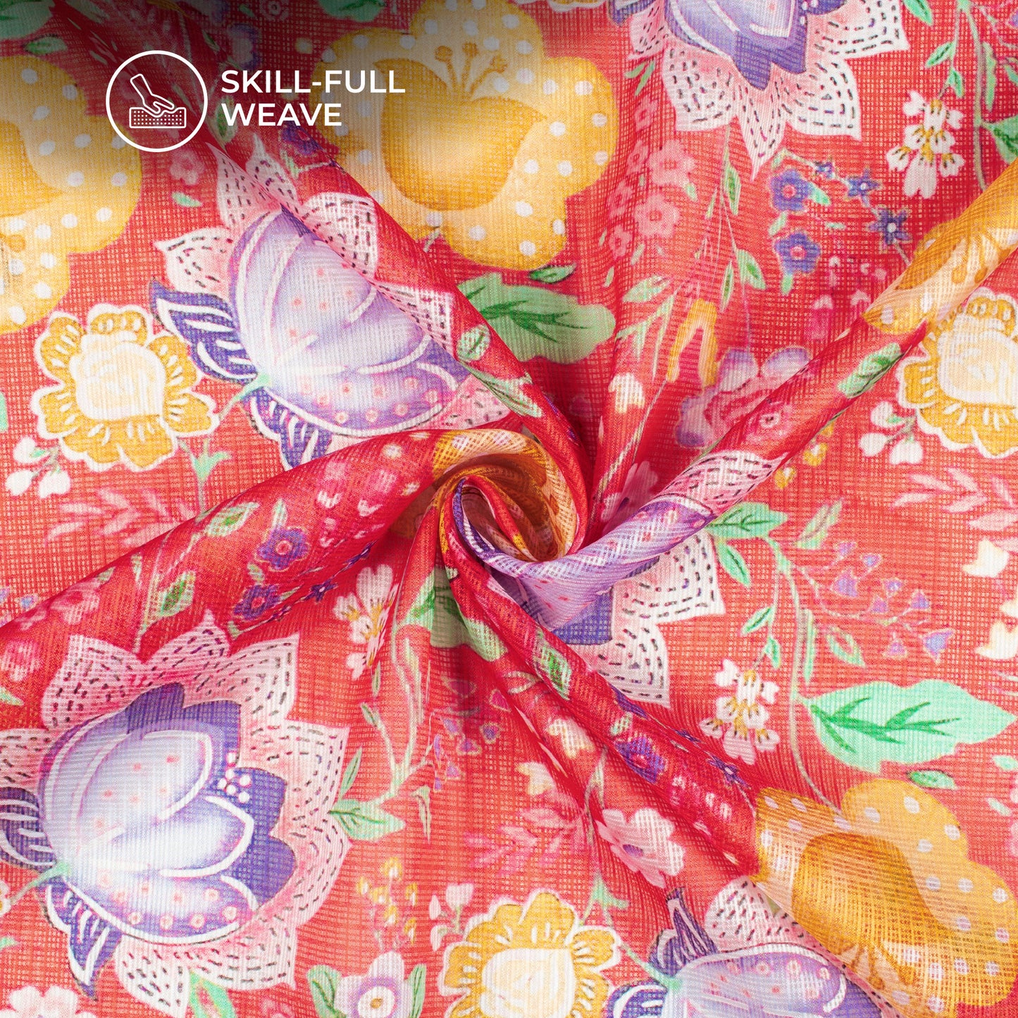 Crimson Red Floral Digital Print Kota Doria Fabric