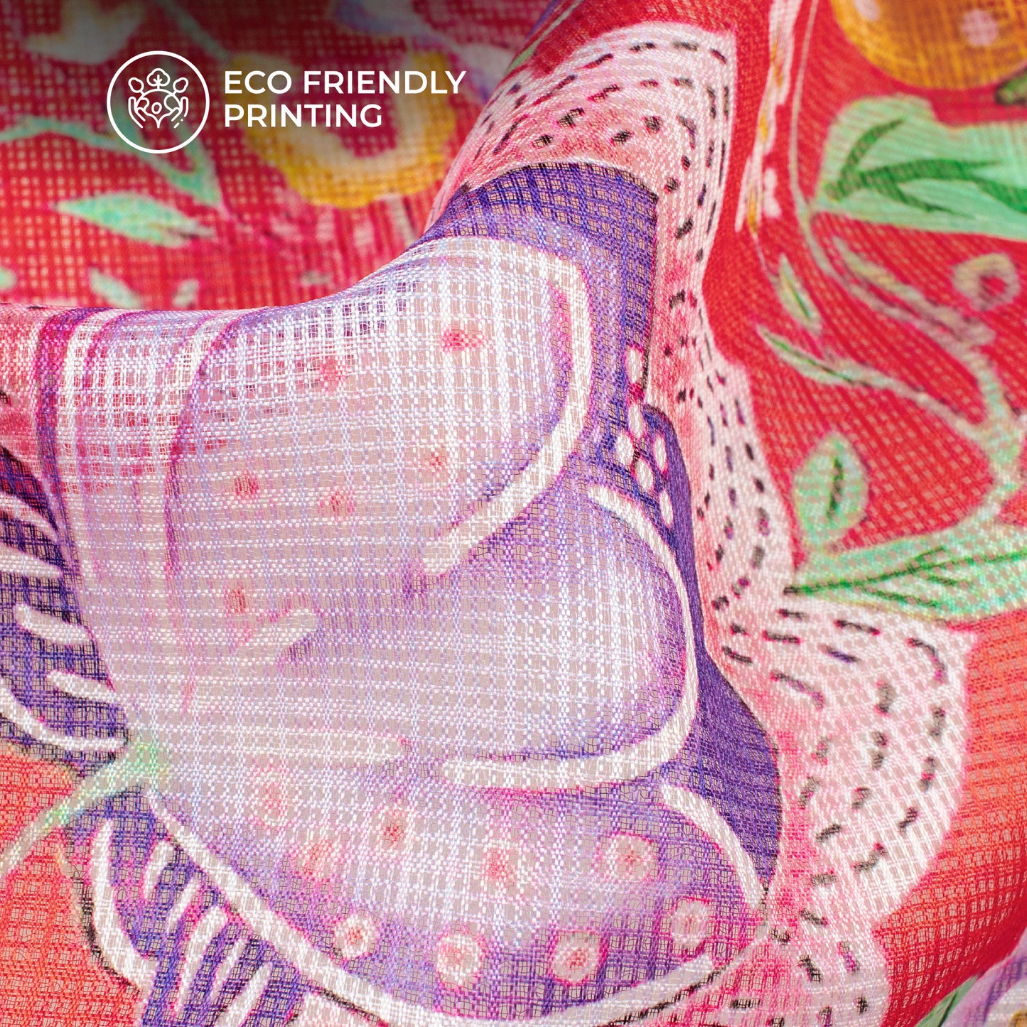 Crimson Red Floral Digital Print Kota Doria Fabric