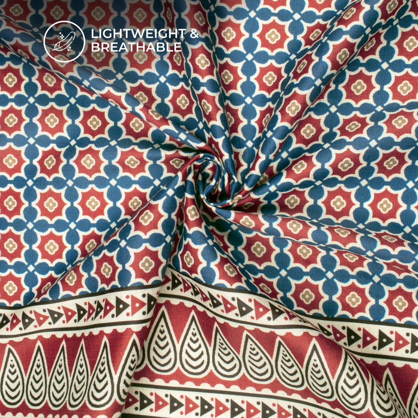 Navy Blue Ajarakh Inspierd Digital Print Poly Glazed Cotton Fabric