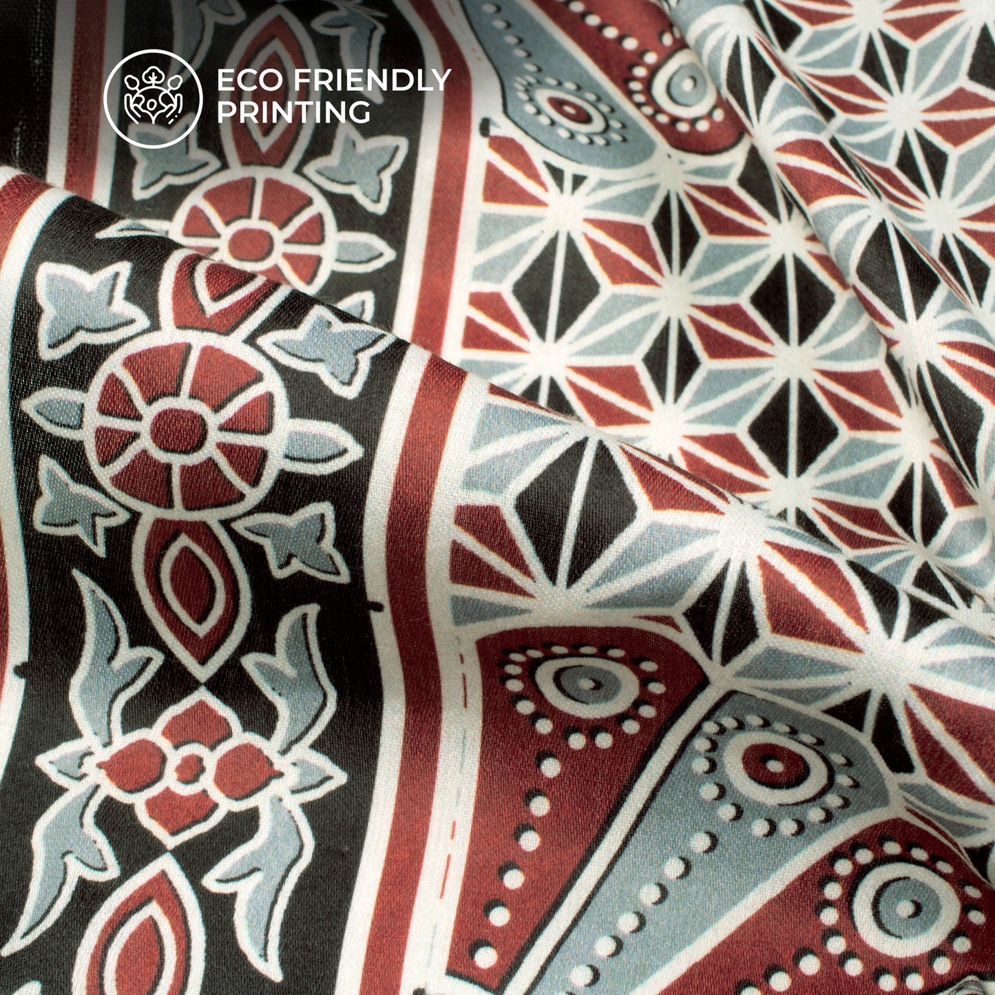 Maroon And Grey Ajarakh Inspierd Digital Print Poly Glazed Cotton Fabric