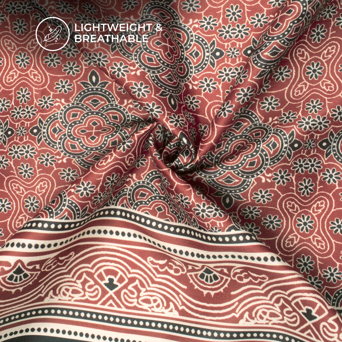 Maroon And Black Ajarakh Inspierd Digital Print Poly Glazed Cotton Fabric