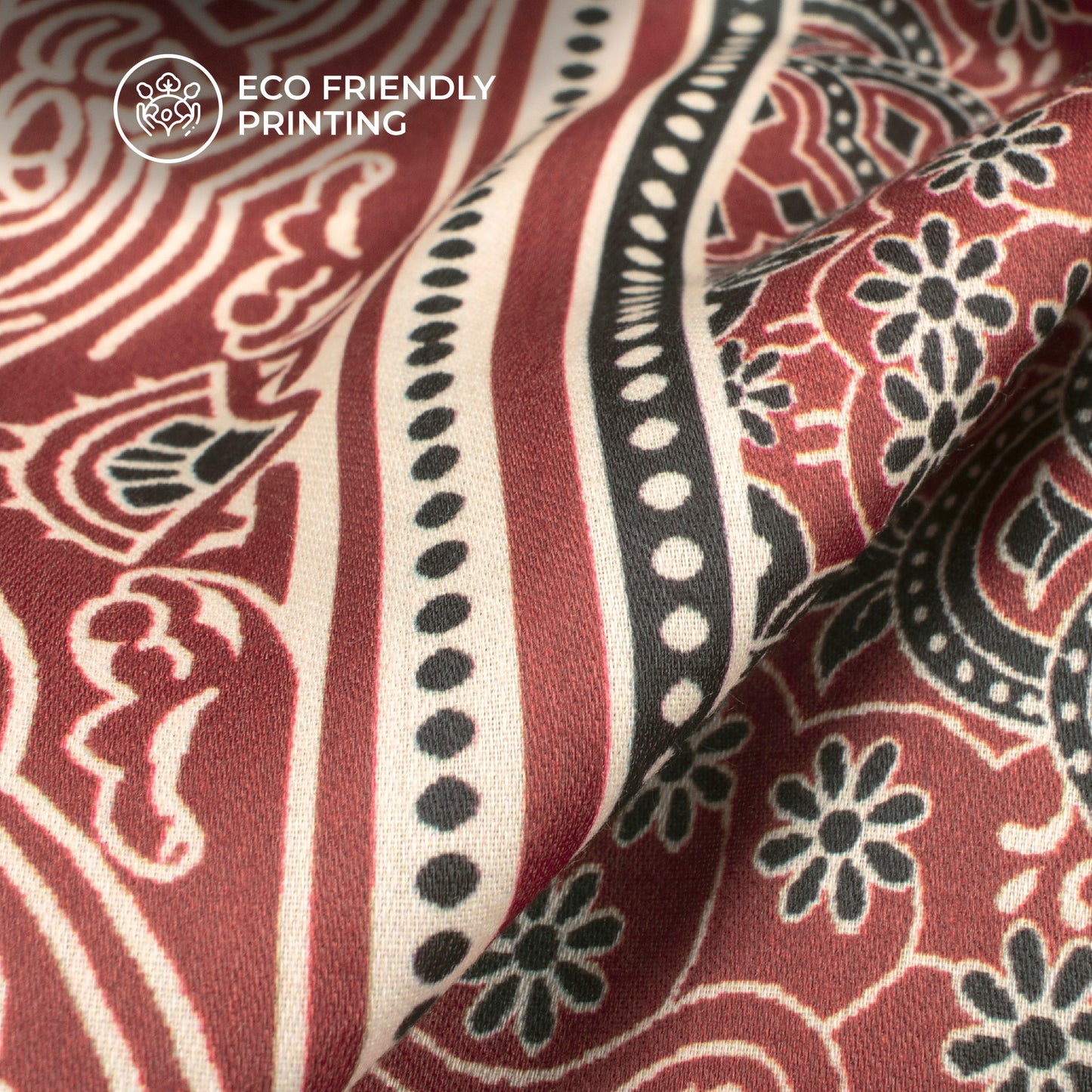 Maroon And Black Ajarakh Inspierd Digital Print Poly Glazed Cotton Fabric