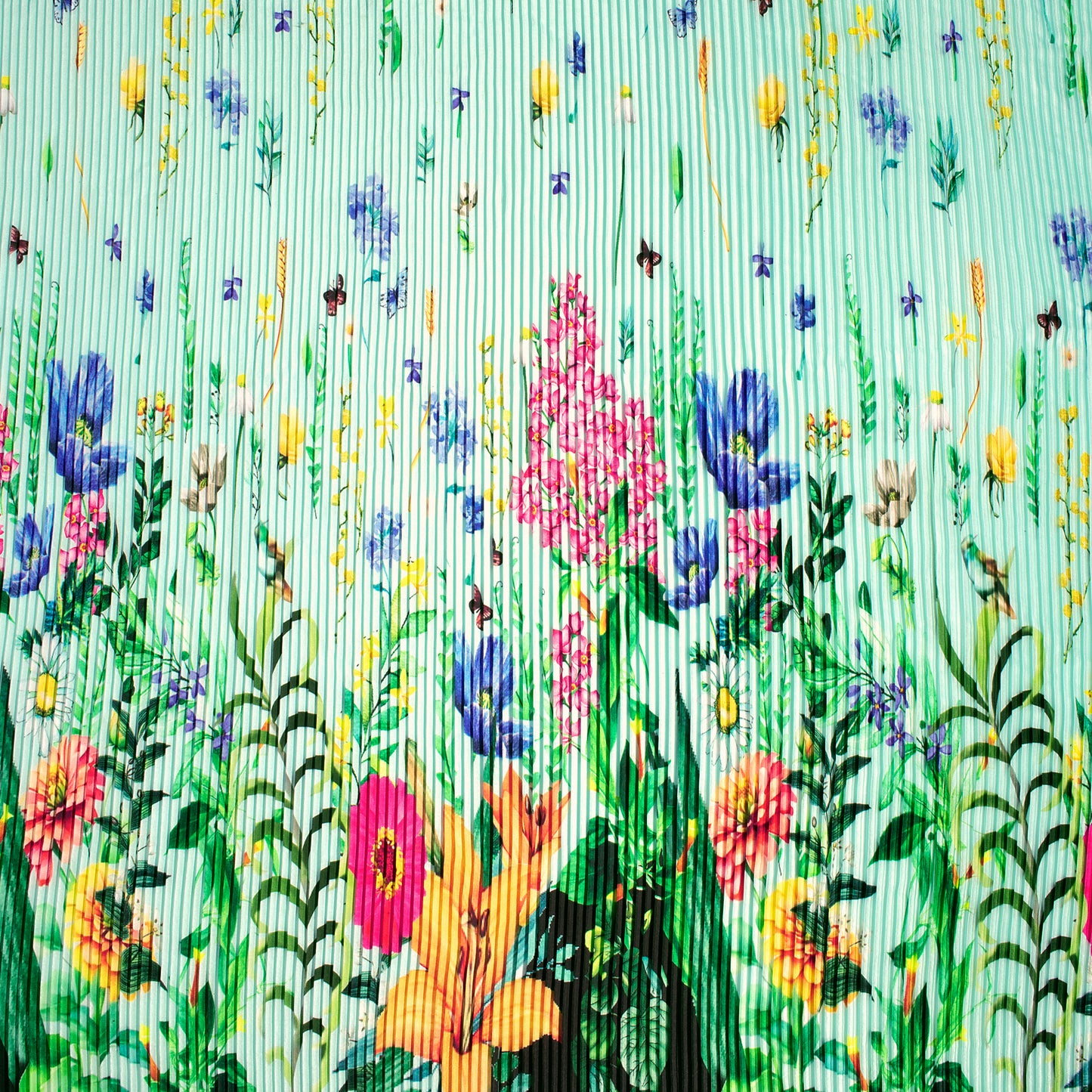 Mint Green Floral Digital Print Japan Satin Pleated Fabric