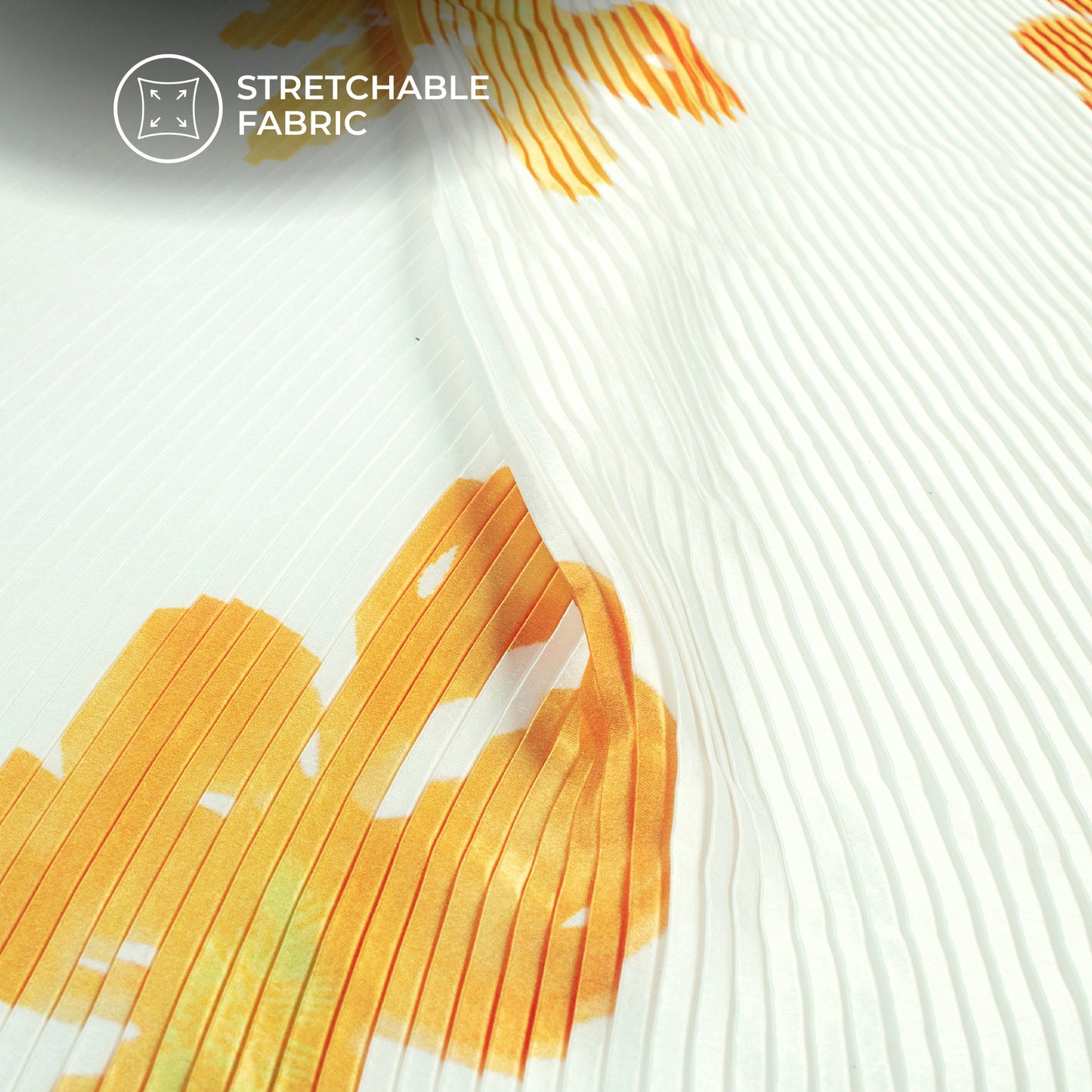 Gold White Floral Digital Print Japan Satin Pleated Fabric
