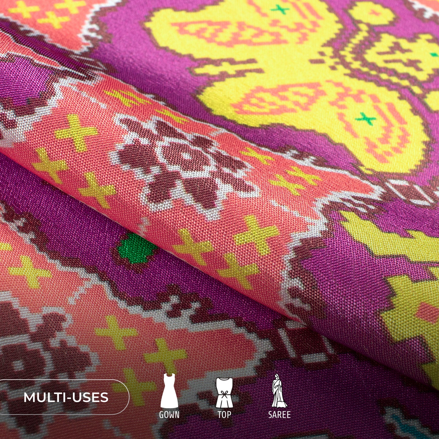 Fuchsia Pink Patola Digital Print Chinnon Chiffon Fabric