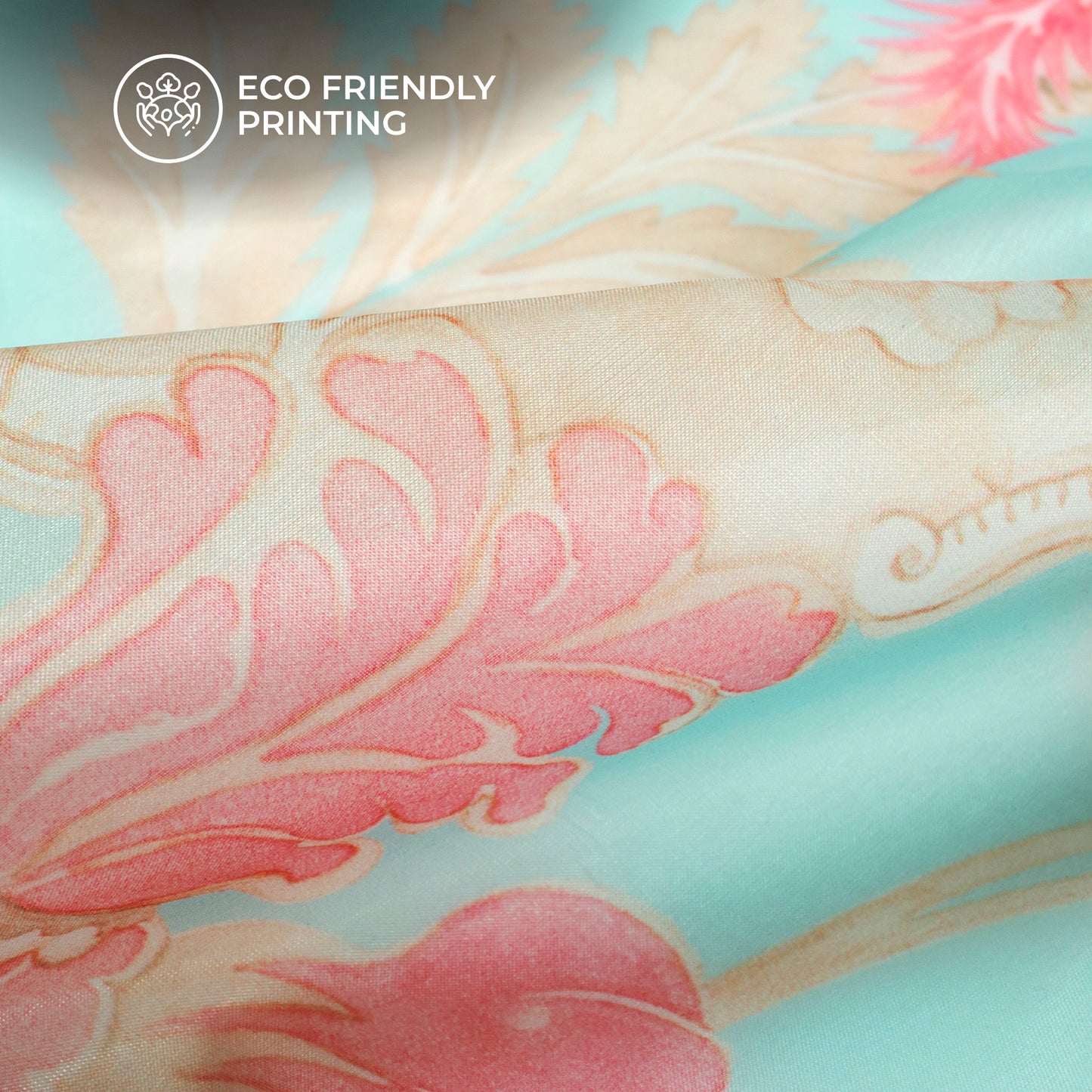 Baby Blue Floral Digital Print Organza Satin Fabric