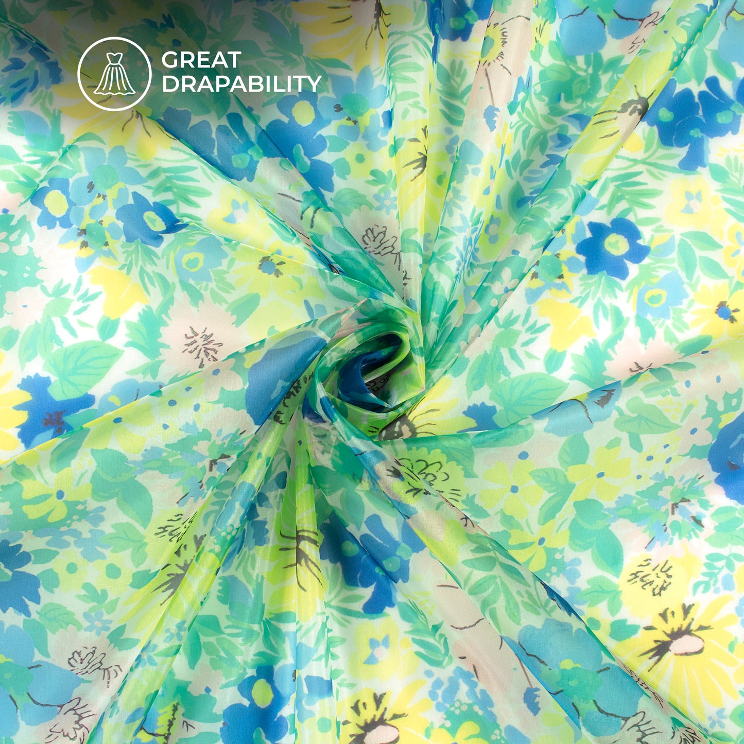 Baby Blue Floral Digital Print Organza Satin Fabric