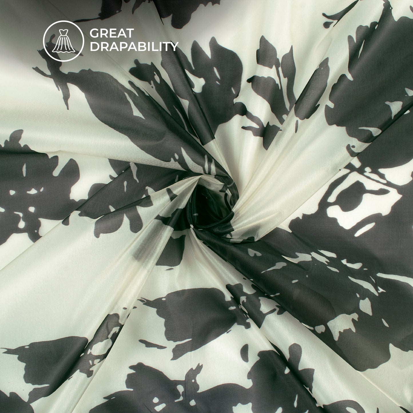 Black Floral Digital Print Organza Satin Fabric