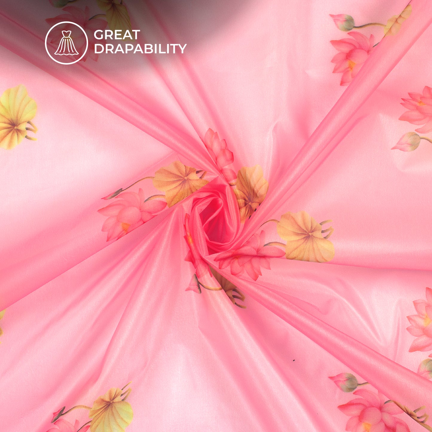 Flamingo Pink Floral Digital Print Organza Satin Fabric