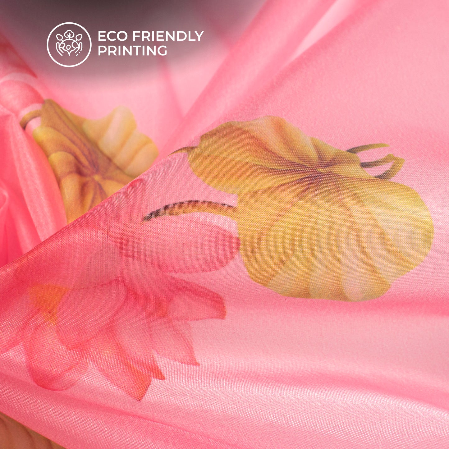 Flamingo Pink Floral Digital Print Organza Satin Fabric