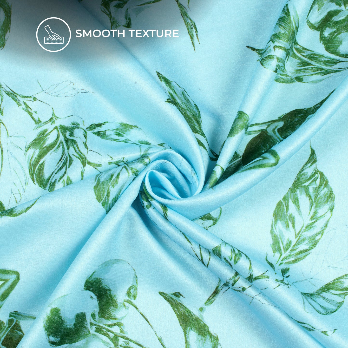 Sky Blue Leaf Digital Print Lush Satin Fabric