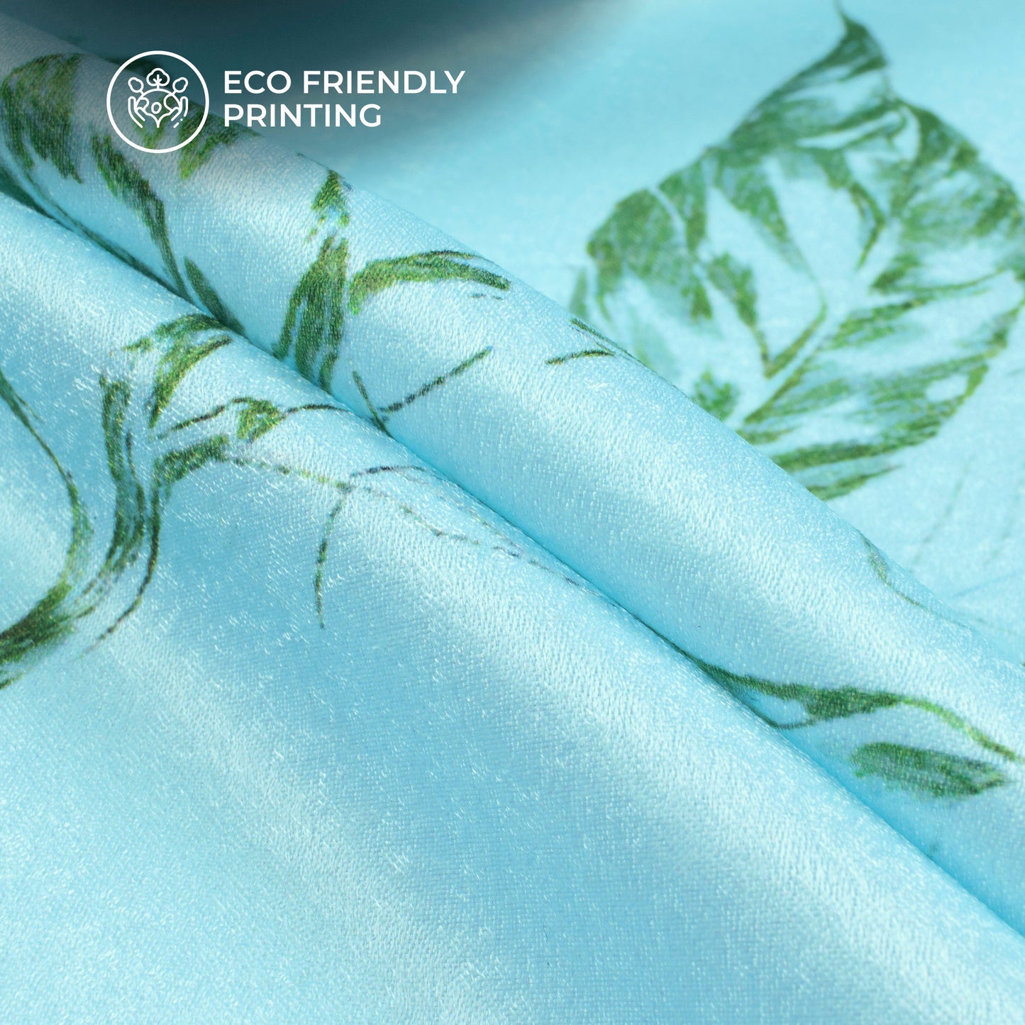 Sky Blue Leaf Digital Print Lush Satin Fabric