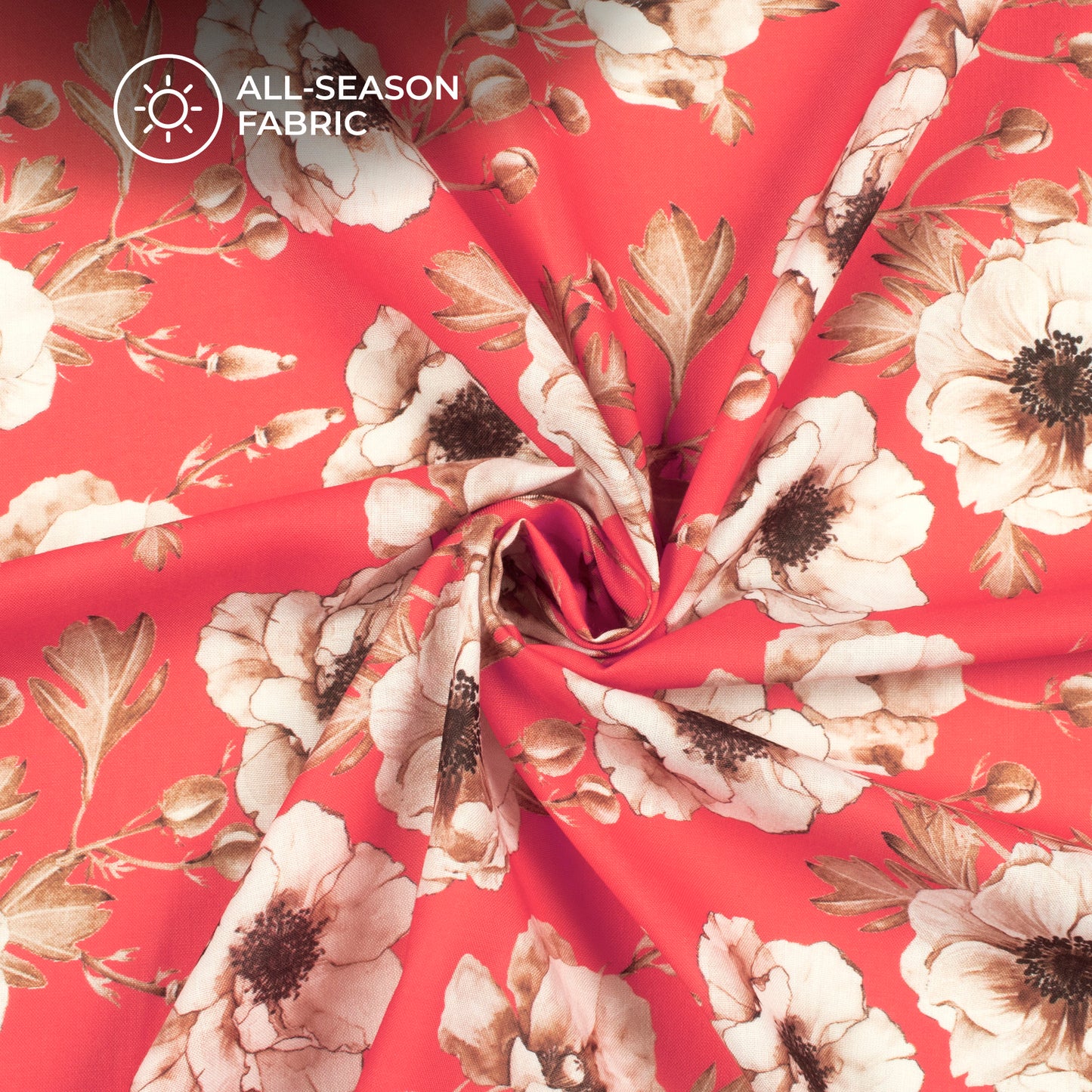 Retro Red Rose Floral Digital Print Poly Cambric Fabric