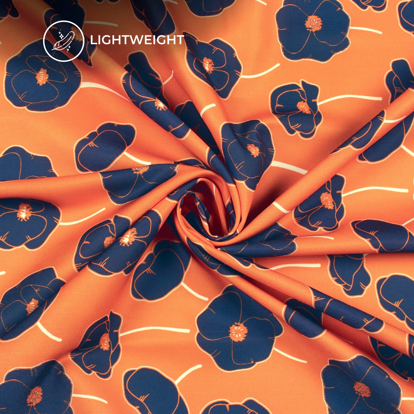Vermillion Orange And Navy Blue Floral Digital Print Rayon Fabric