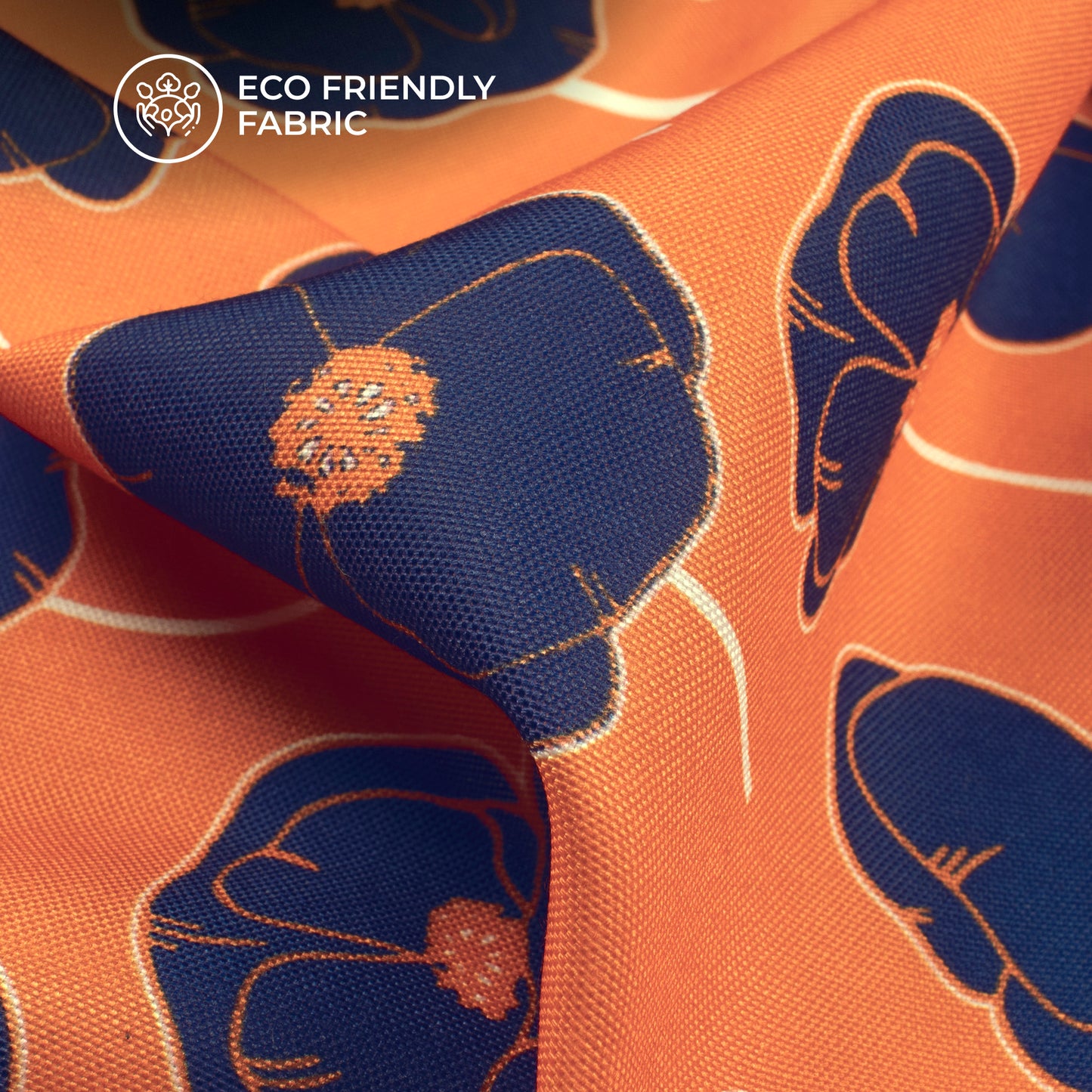 Vermillion Orange And Navy Blue Floral Digital Print Rayon Fabric