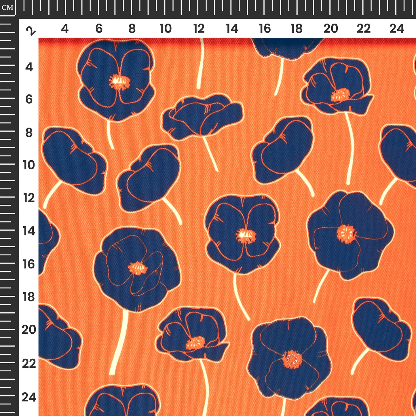 Vermillion Orange And Navy Blue Floral Digital Print Rayon Fabric