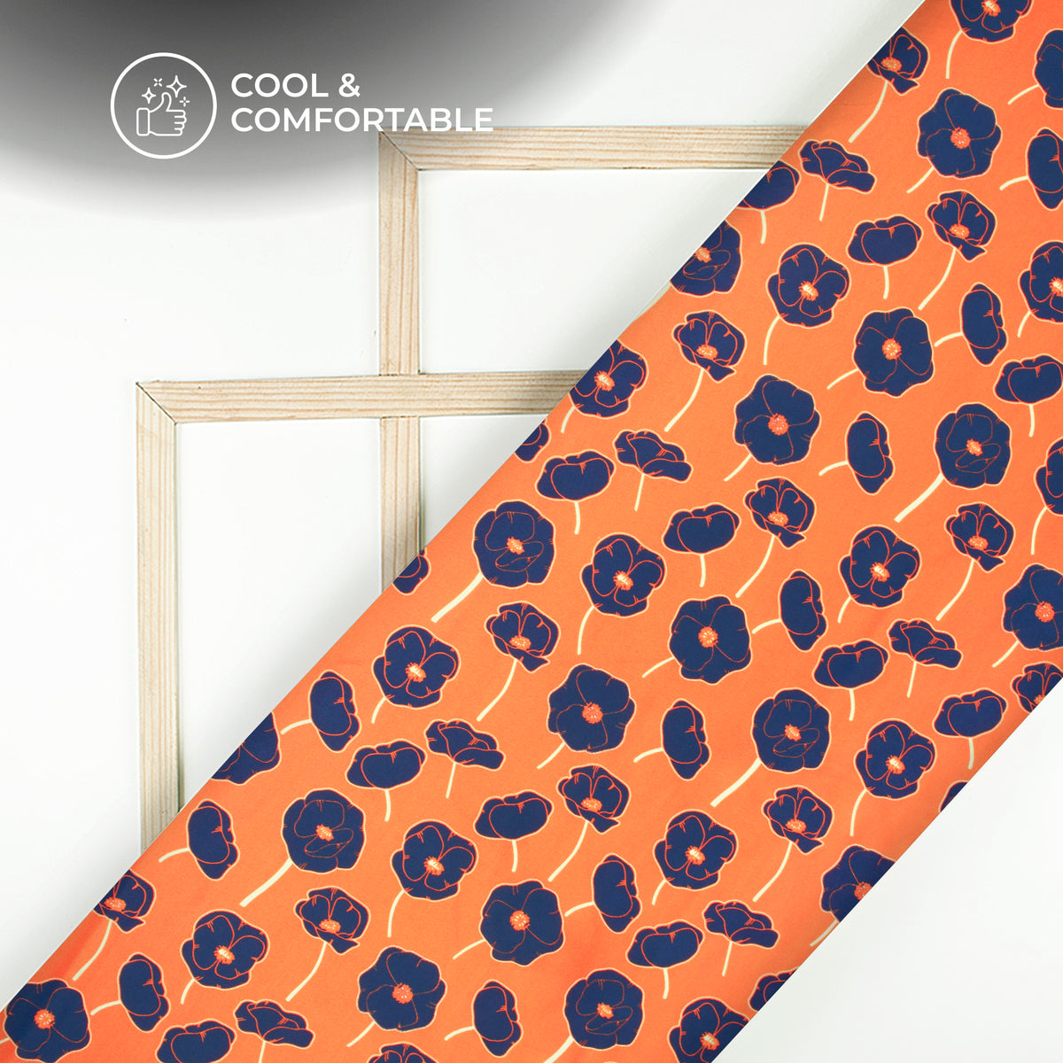 Vermillion Orange And Navy Blue Floral Digital Print Rayon Fabric