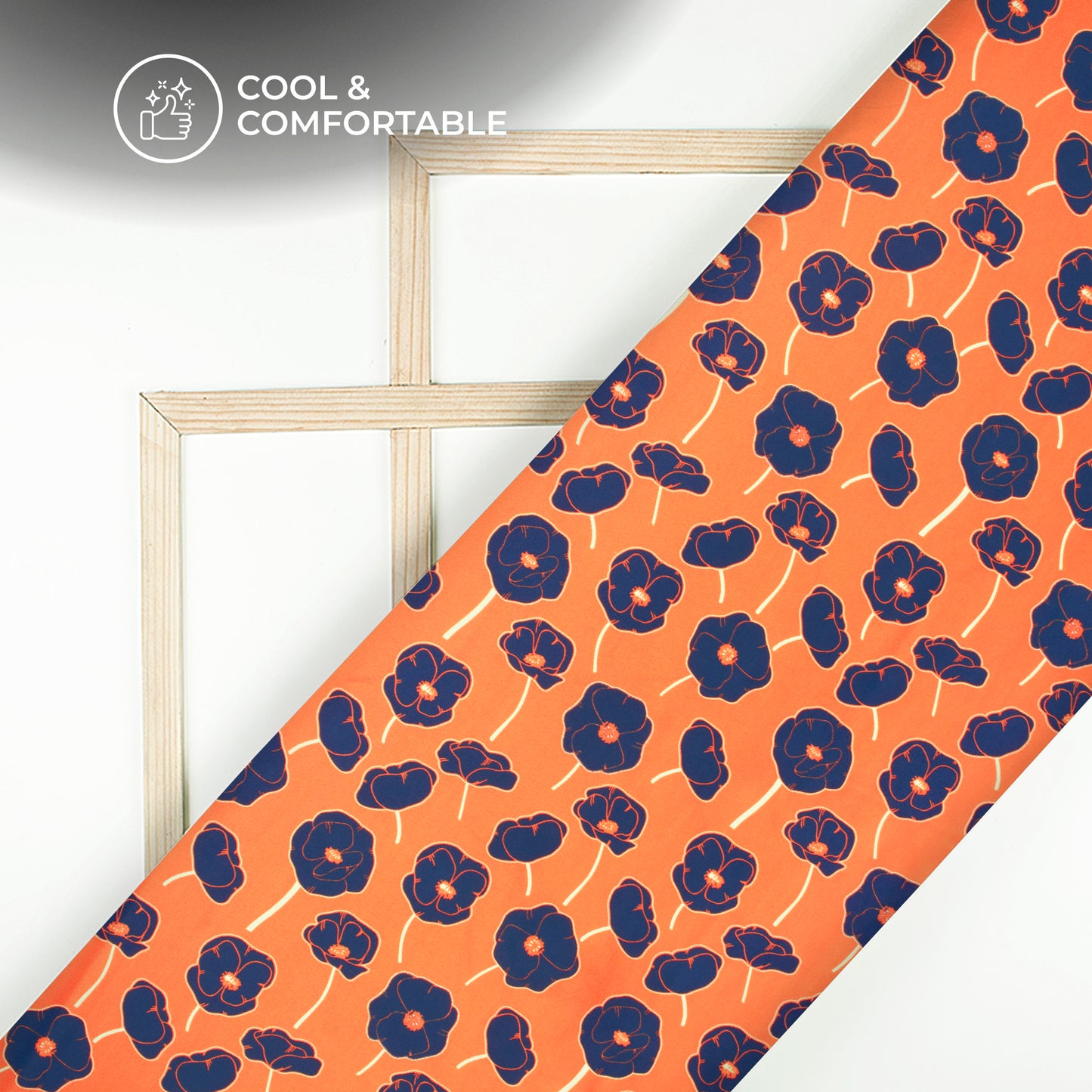 Vermillion Orange And Navy Blue Floral Digital Print Rayon Fabric