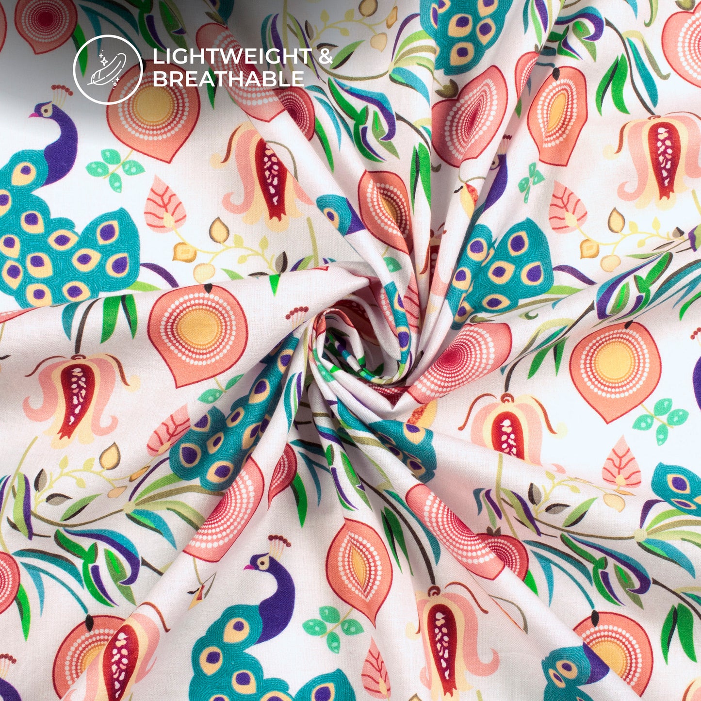 Floral Peacock Bird Digital Print Cotton Cambric Fabric