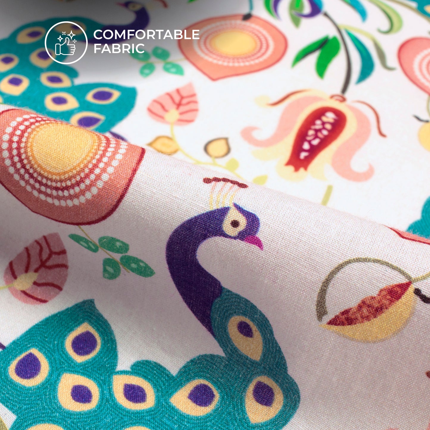 Floral Peacock Bird Digital Print Cotton Cambric Fabric