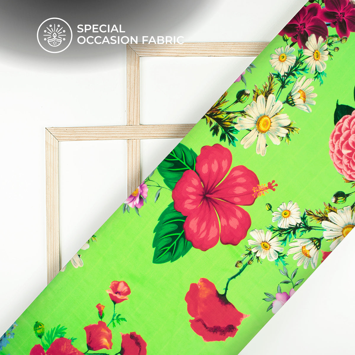 Botanical Floral Sprays Green Digital Print Bemberg Raw Silk Fabric