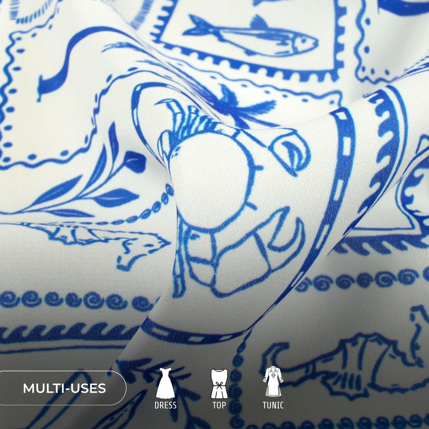 Royal Blue Quirky Digital Print Moss Georgette Fabric(Width 56 Inches)
