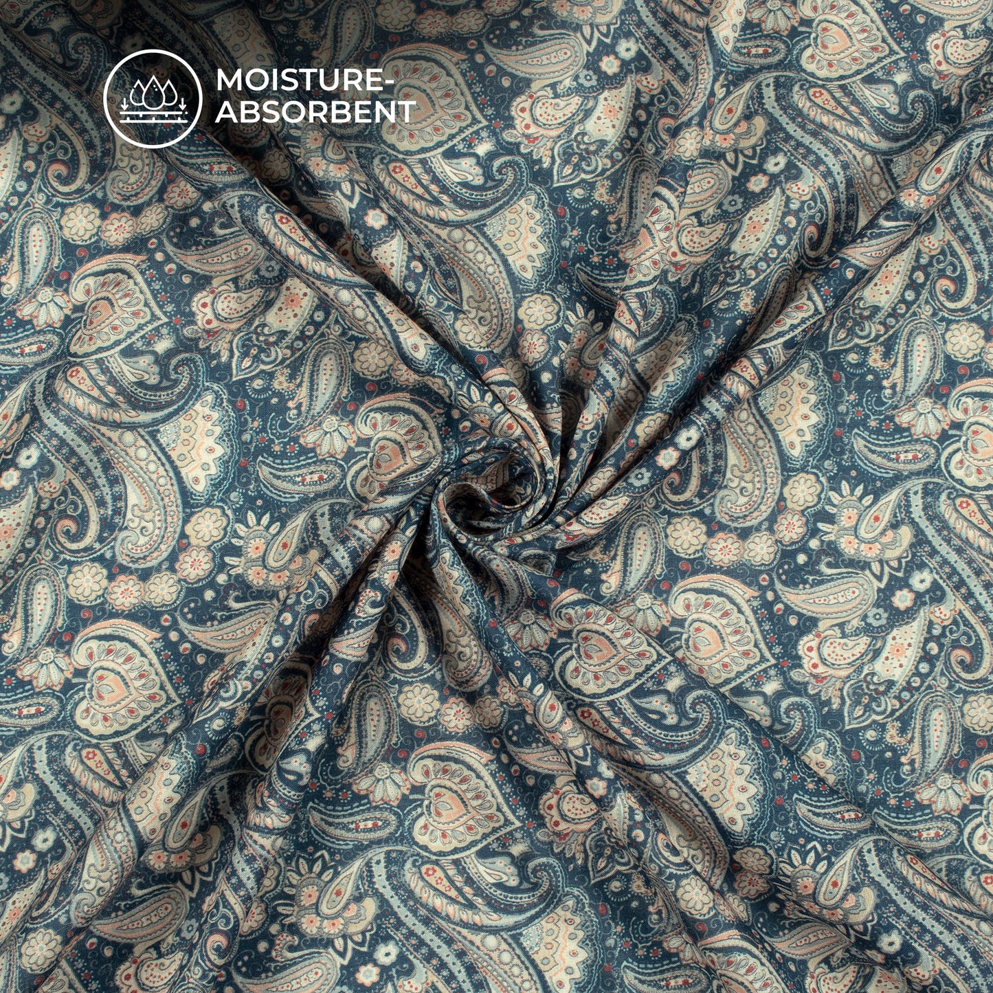 Denim Blue Paisley Digital Print Cotton Mulmul Fabric