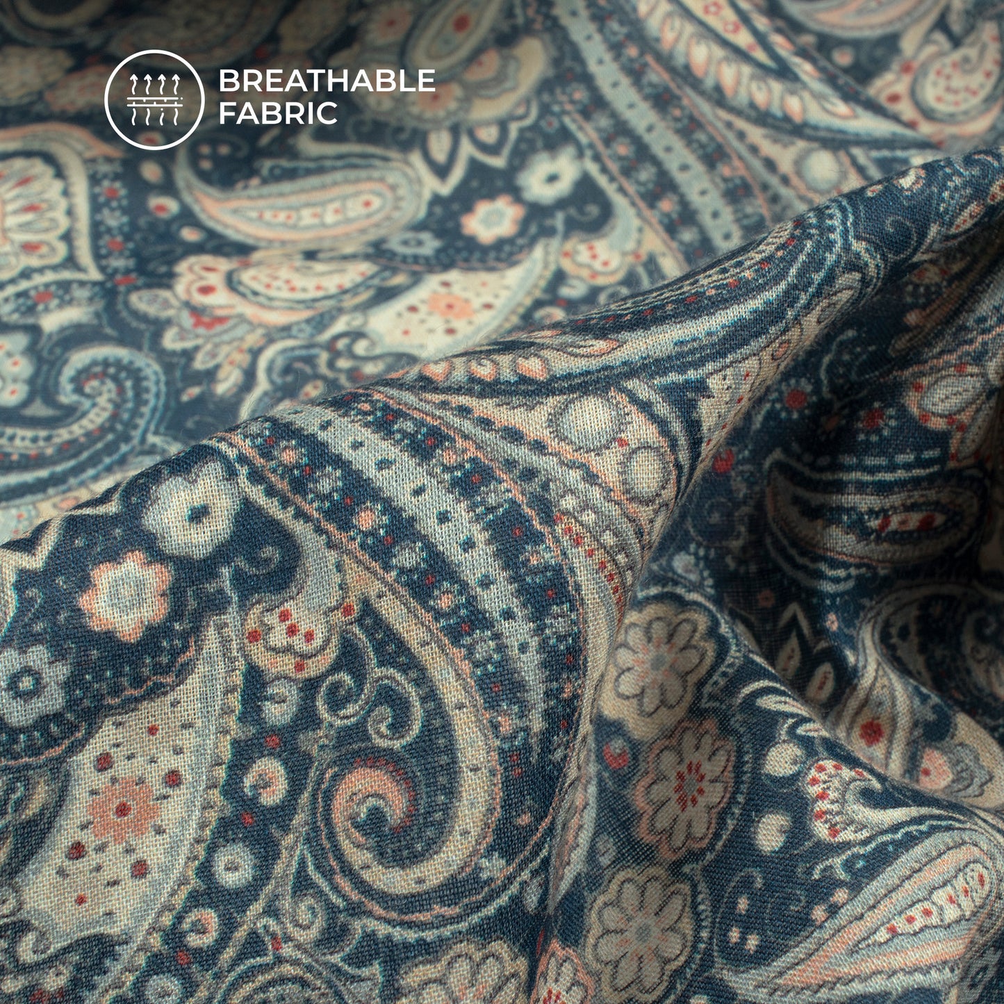 Denim Blue Paisley Digital Print Cotton Mulmul Fabric