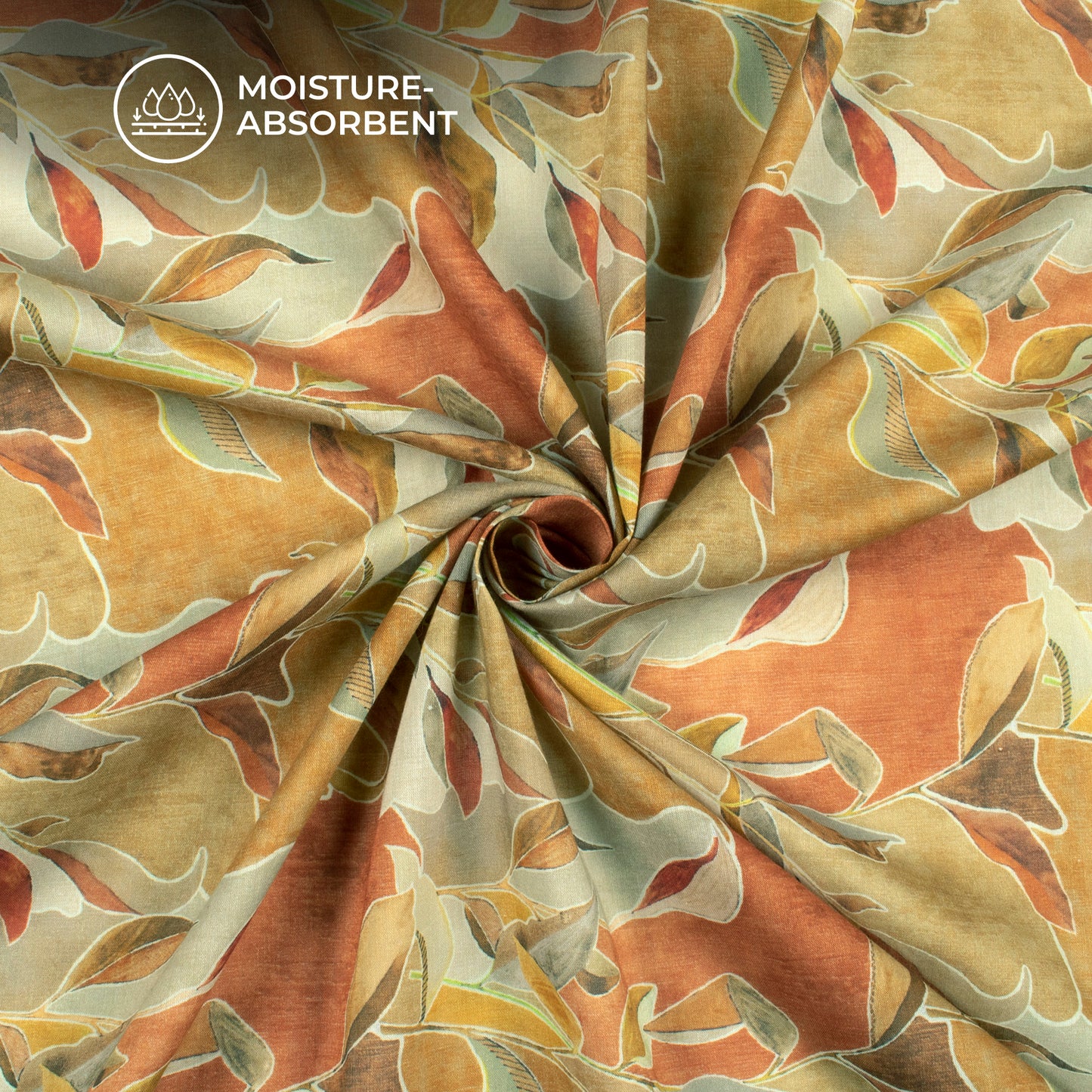 Russet Brown Leaf Digital Print Cotton Mulmul Fabric