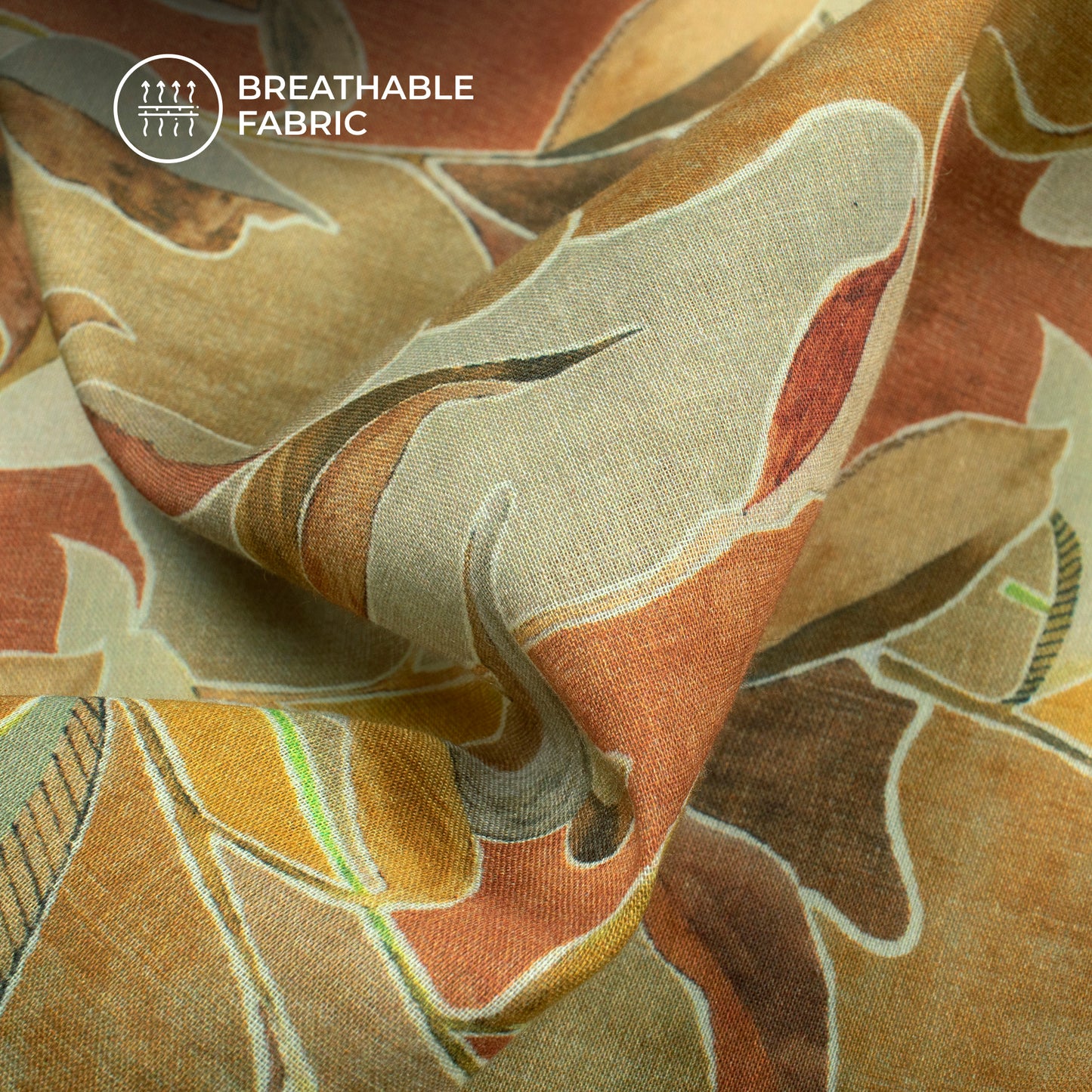 Russet Brown Leaf Digital Print Cotton Mulmul Fabric