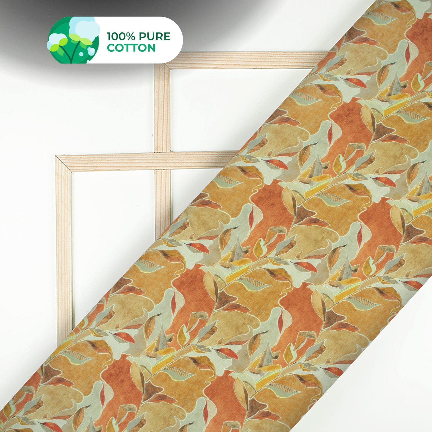 Russet Brown Leaf Digital Print Cotton Mulmul Fabric