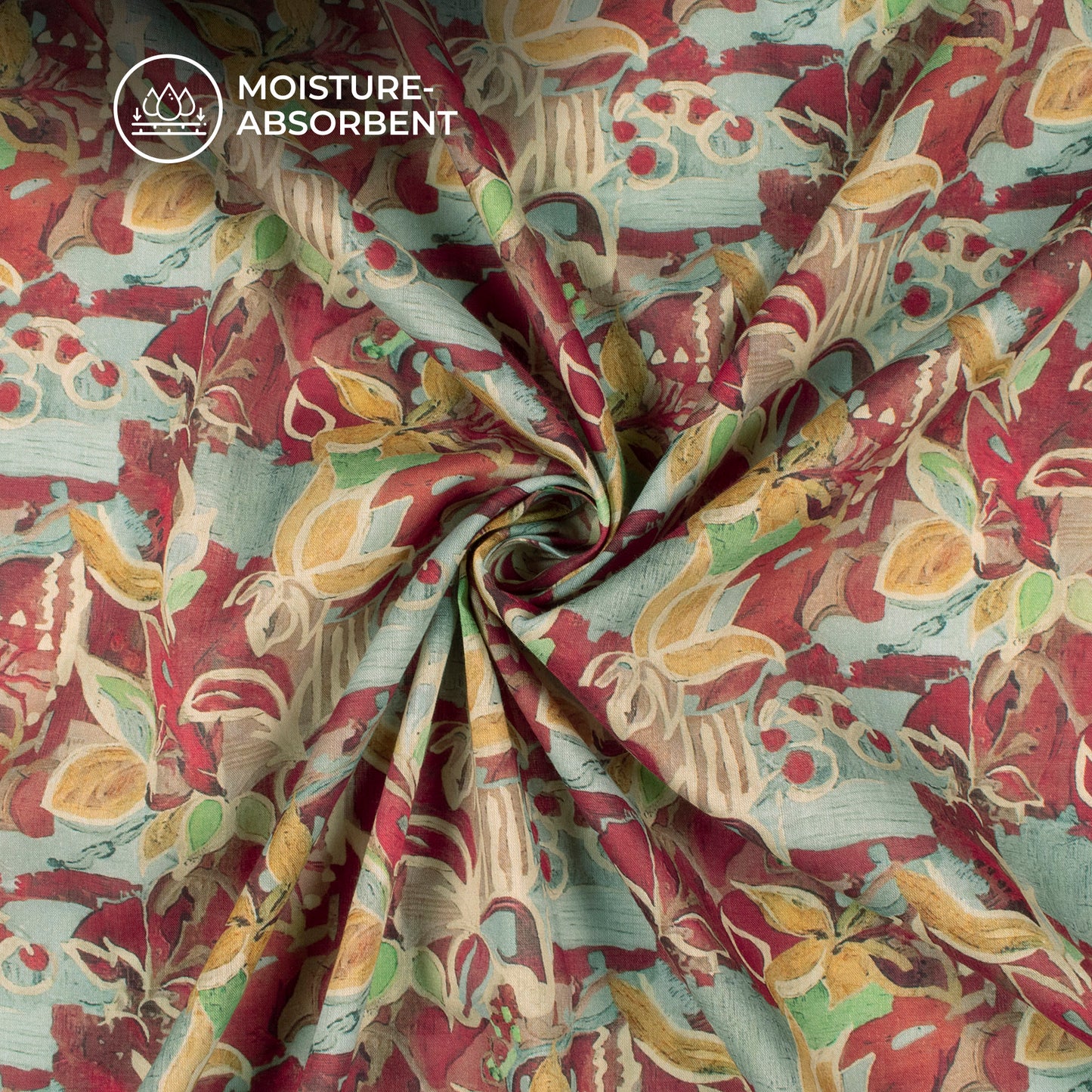 Cherry Red Floral Digital Print Cotton Mulmul Fabric