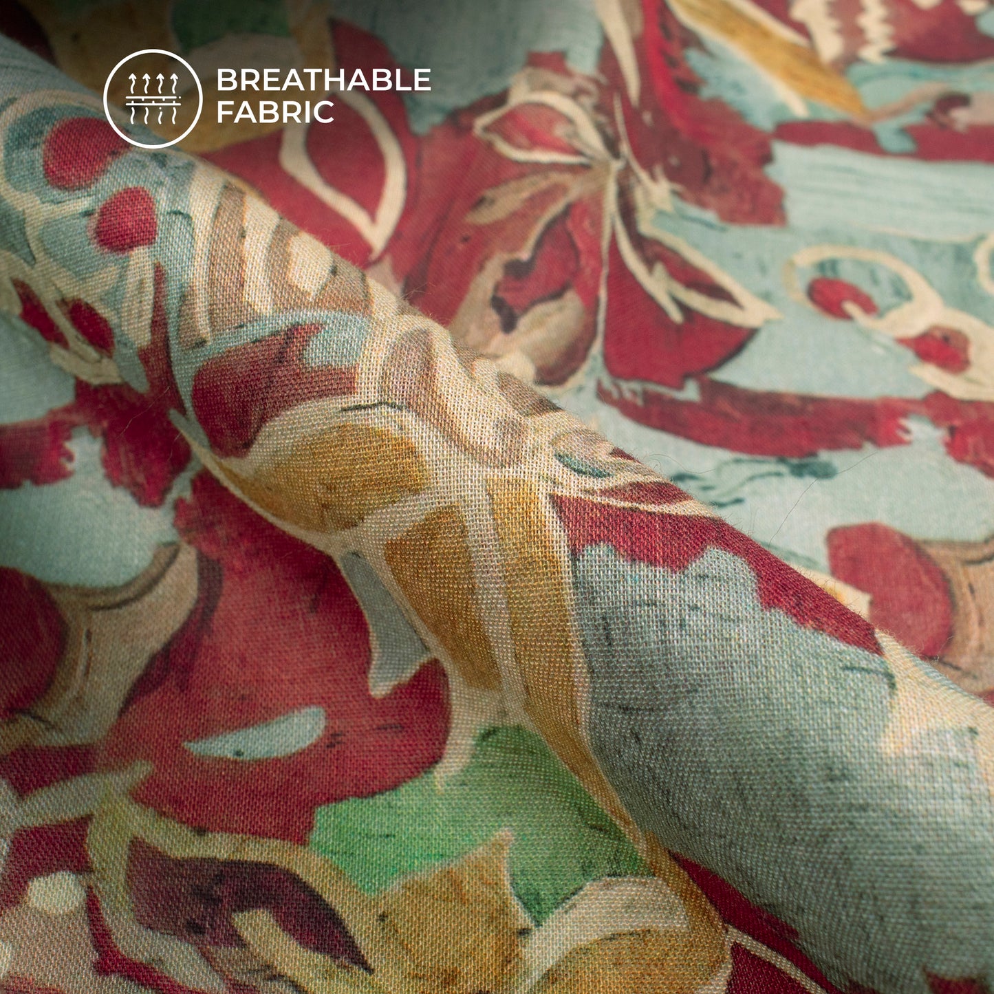 Cherry Red Floral Digital Print Cotton Mulmul Fabric