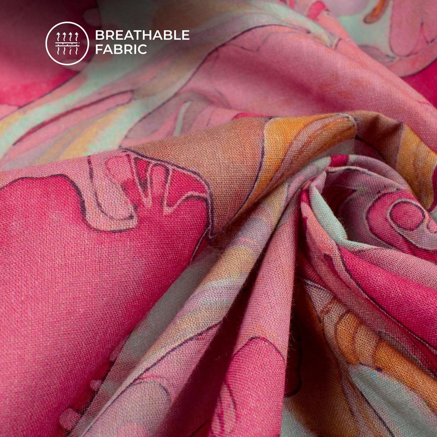 Punch Pink Floral Digital Print Cotton Mulmul Fabric