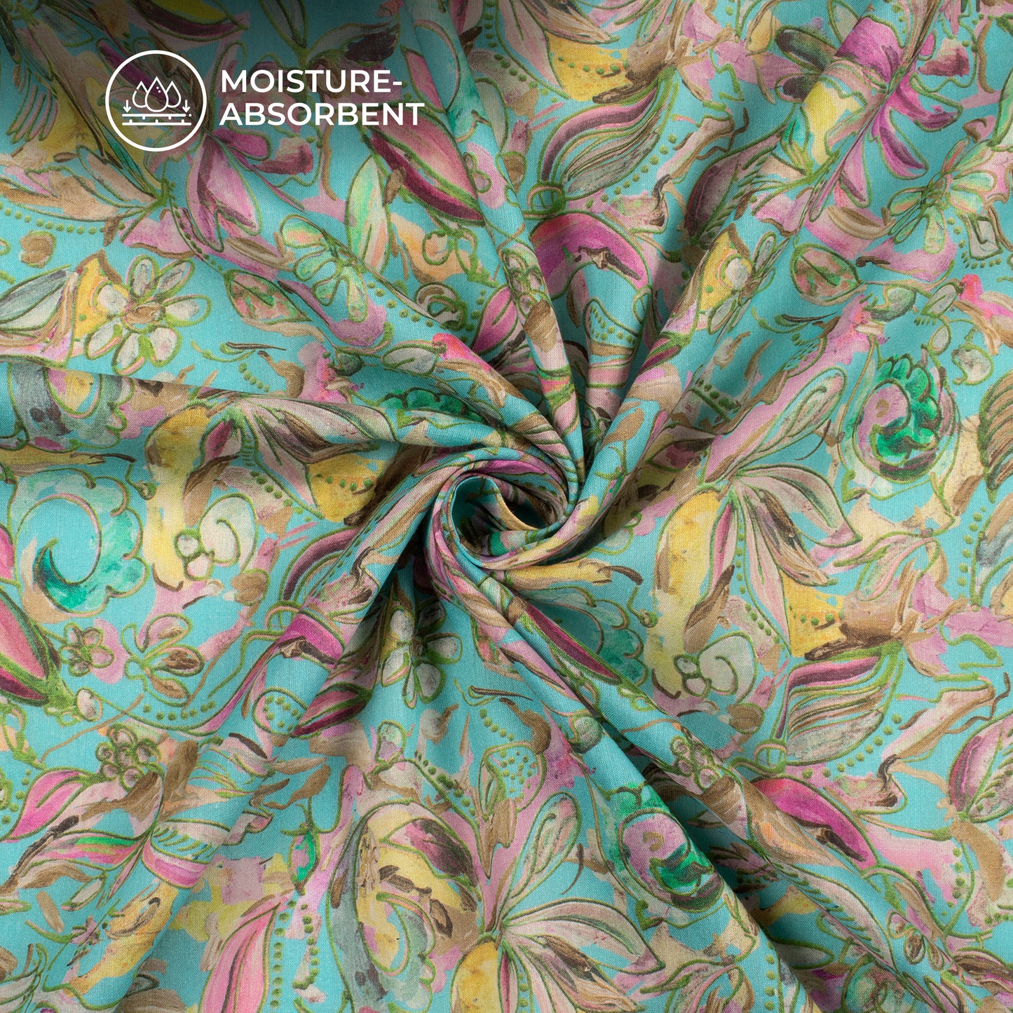 Baby Blue Floral Digital Print Cotton Mulmul Fabric